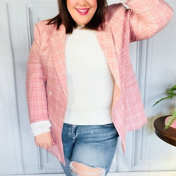 New -Pink Plaid Double Breasted Collar Lapel Blazer - Picture 5 of 14